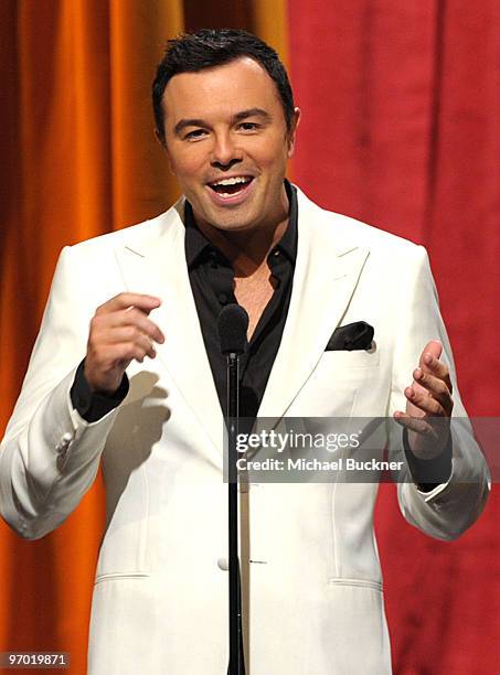 Host Seth MacFarlane onstage at the 2010 Writers Guild Awards held at the Hyatt Regency Century Plaza on February 20, 2010 in Century City,...