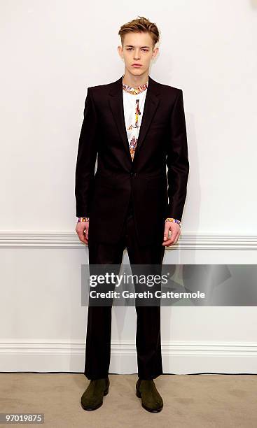 Model walks the catwalk during the Gieves & Hawkes Fashion Show at 14 Savile Row as part of London Fashion Week on February 24, 2010 in London,...