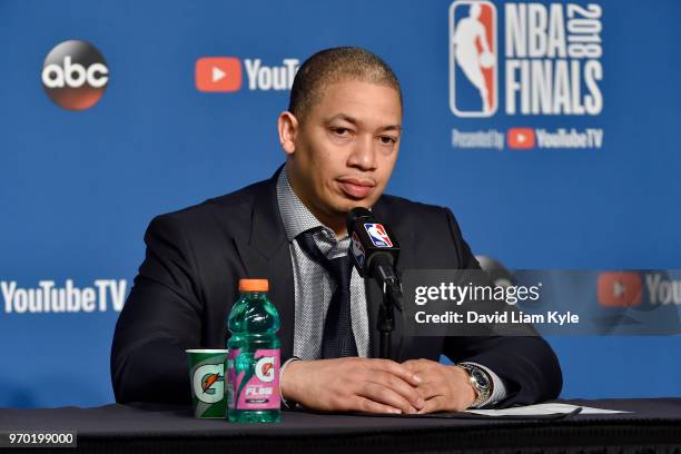 Coach Tyronn Lue of the Cleveland Cavaliers speaks with the press after the game against the Golden State Warriors in Game Four of the 2018 NBA...