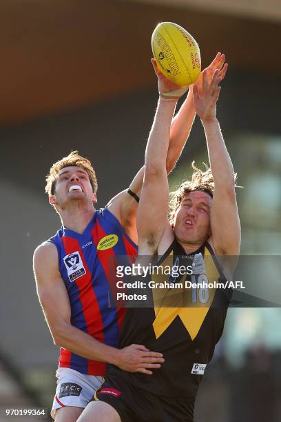 Josh Porter of Werribee competes in the air during the round 10 VFL match between Werribee and Port Melbourne at Avalon Airport Oval on June 9, 2018...
