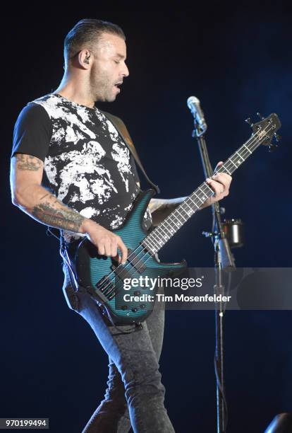 Chris Wolstenholme of Muse performs during the 2018 Bonnaroo Music & Arts Festival on June 8, 2018 in Manchester, Tennessee.