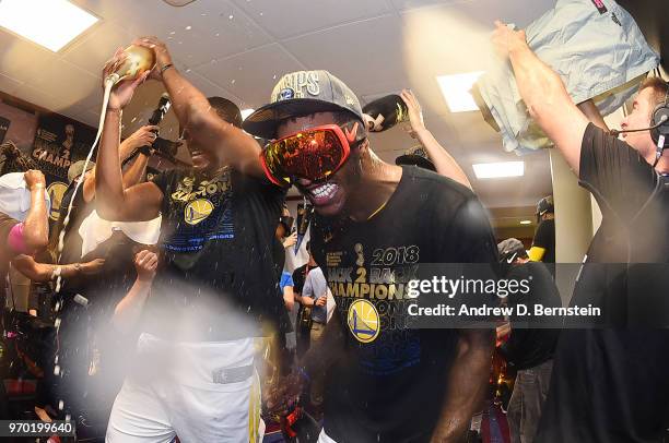Jordan Bell of the Golden State Warriors celebrates after Game Four of the 2018 NBA Finals against the Cleveland Cavaliers on June 8, 2018 at Quicken...