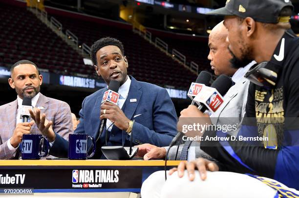 Kevin Durant of the Golden State Warriors talks with Casey Stern, Grant Hill, Chris Weber, and Charles Barkley after Game Four of the 2018 NBA Finals...