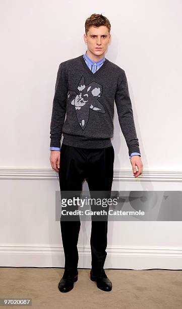 Model walks the catwalk during the Gieves & Hawkes Fashion Show at 14 Savile Row as part of London Fashion Week on February 24, 2010 in London,...