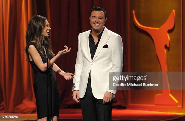 Actress Mila Kunis and host Seth MacFarlane onstage at the 2010 Writers Guild Awards held at the Hyatt Regency Century Plaza on February 20, 2010 in...