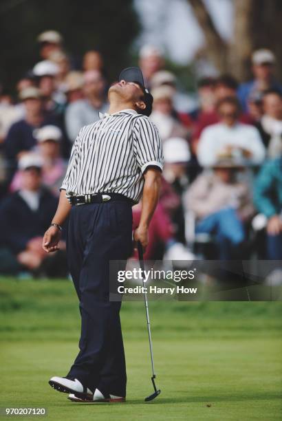 Shigeki Maruyama of the Japan reacts to a missed putt during the Buick Invitational golf tournament on 13 February 2000 at theTorrey Pines Golf...