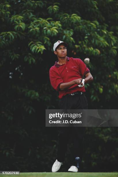 Tiger Woods of the United States follows his shot on his way to winning the United States Amateur Championship golf tournament on 27 August 1995 at...