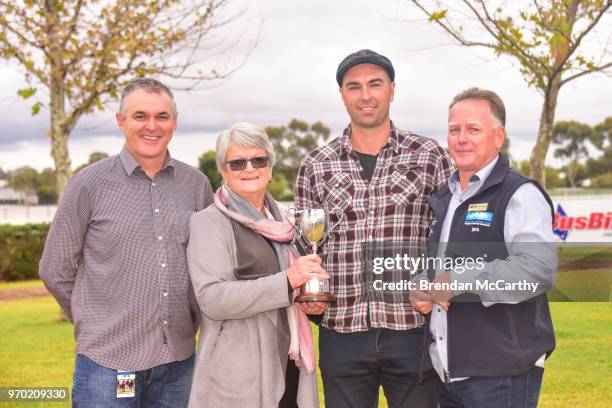 Noel Mendy representing Quambatook Racing Club, race sponsor Judy Cameron, Symon Wilde and Swan Hill Jockey Club President Jack Bennett after winning...