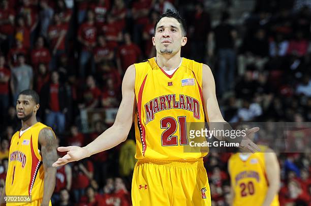 Greivis Vasquez of the Maryland Terrapins motions towards the officials during the game against the Georgia Tech Yellow Jackets on February 20, 2010...