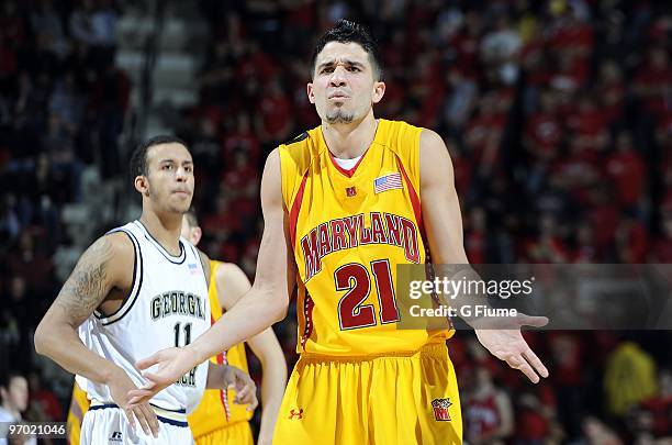 Greivis Vasquez of the Maryland Terrapins motions towards the officials during the game against the Georgia Tech Yellow Jackets on February 20, 2010...