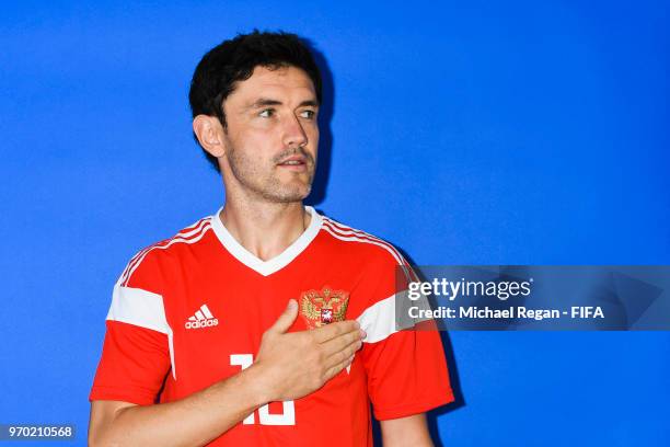 Yury Zhirkov of Russia during the official FIFA World Cup 2018 portrait session at on June 8, 2018 in Moscow, Russia.