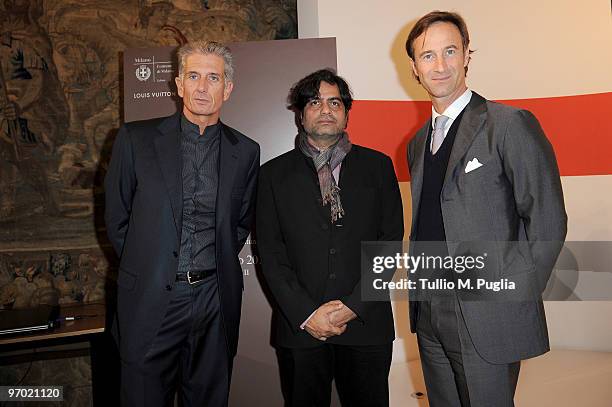 Massimiliano Finazzer Flory,artist Sudarshan Shetty and Benoit de Crane d'Heysselaer, General Manager of Louis Vuitton Italia attend "House of...