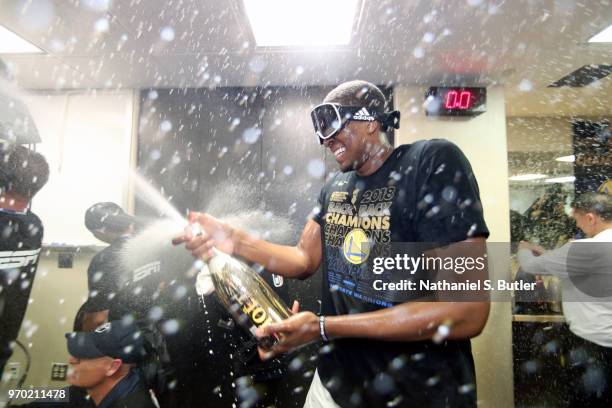 Kevon Looney of the Golden State Warriors celebrates after Game Four of the 2018 NBA Finals against the Cleveland Cavaliers on June 8, 2018 at...