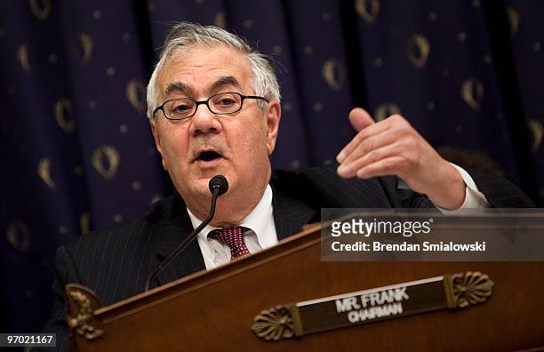 Committee chairman Rep. Barney Frank speaks during a House Financial Services Committee hearing on Capitol Hill February 24, 2010 in Washington, DC....