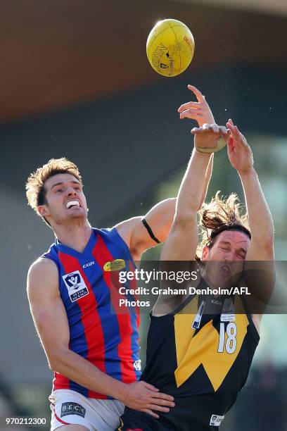 Josh Porter of Werribee competes in the air during the round 10 VFL match between Werribee and Port Melbourne at Avalon Airport Oval on June 9, 2018...