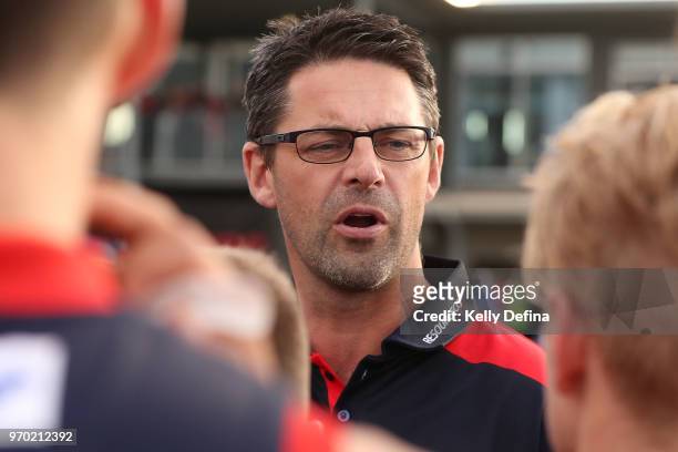 Jade Rawlings Senior Coach of the Demons speaks to players during the round 10 VFL match between Collingwood and Casey at Casey Fields on June 9,...