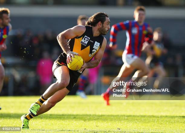 Michael Sodomaco of Werribee in action during the round 10 VFL match between Werribee and Port Melbourne at Avalon Airport Oval on June 9, 2018 in...