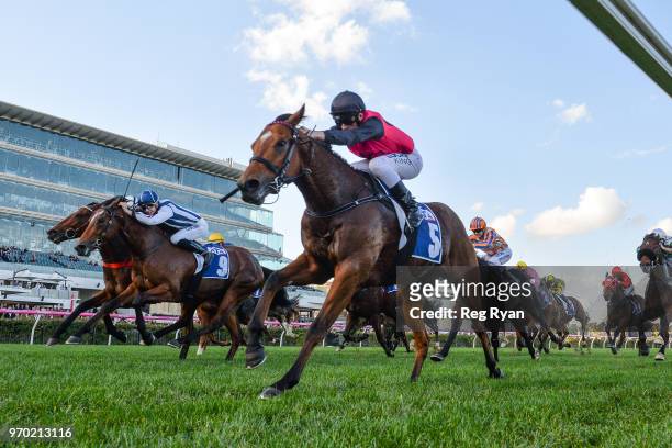 Barthelona ridden by Lachlan King wins the TAB/ATA Celebrates Women Trainers Handicap at Flemington Racecourse on June 09, 2018 in Flemington,...