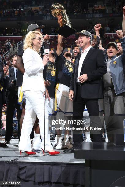 Doris Burke speaks to Golden State Warriors owner Joe Lacob after Game Four of the 2018 NBA Finals against the Cleveland Cavaliers on June 8, 2018 at...