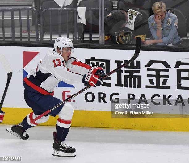 Vegas Golden Knights fans react as Jakub Vrana of the Washington Capitals celebrates after scoring a second-period goal against the Golden Knights in...