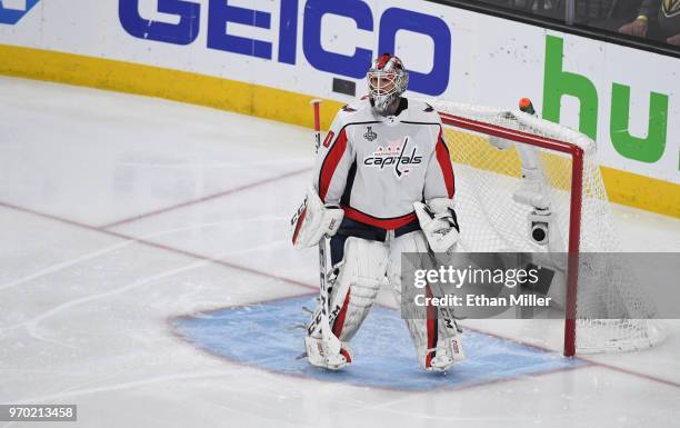 Braden Holtby of the Washington Capitals tends net against the Vegas Golden Knights in the second period of Game Five of the 2018 NHL Stanley Cup...