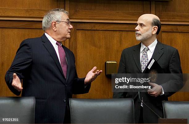 Representative Barney Frank, chairman of the House Financial Services Committee, left, speaks with Ben S. Bernanke, chairman of the U.S. Federal...