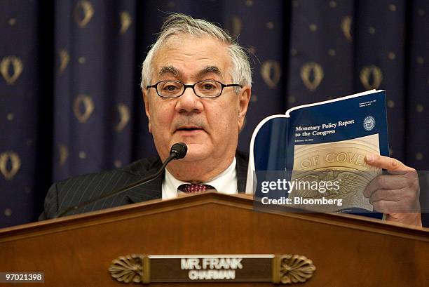 Representative Barney Frank, chairman of the House Financial Services Committee, questions Ben S. Bernanke, chairman of the U.S. Federal Reserve,...