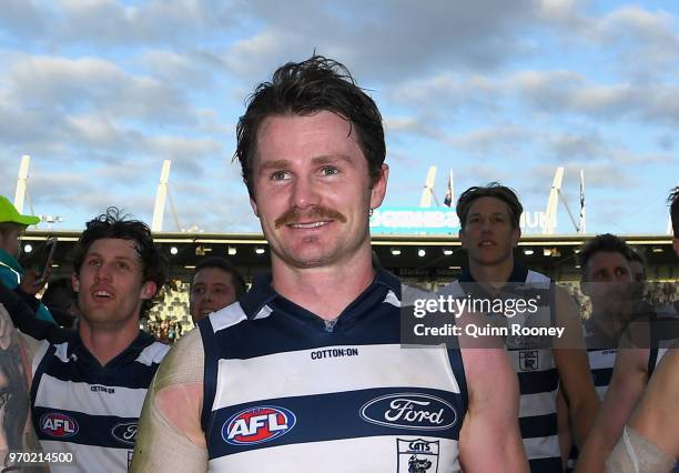 Patrick Dangerfield of the Cats walks off the field after winning the round 12 AFL match between the Geelong Cats and the North Melbourne Kangaroos...