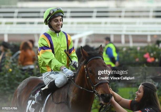 Andrew Mallyon riding Double Jeopardy after winning Race 9 during Melbourne Racing at Flemington Racecourse on June 9, 2018 in Melbourne, Australia.