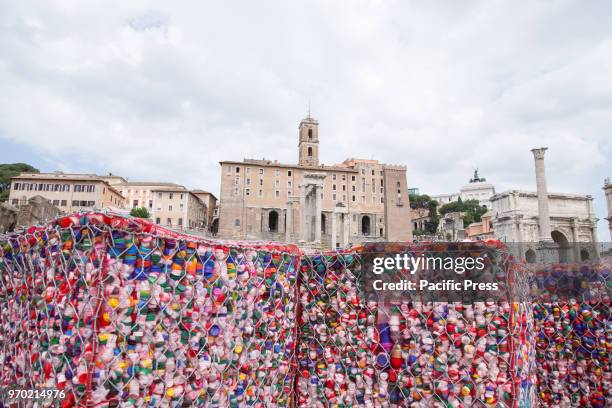 Artistic installation "Help the Ocean" created by the Italian artist Maria Cristina Finucci positioned on the remains of the Basilica Giulia in the...