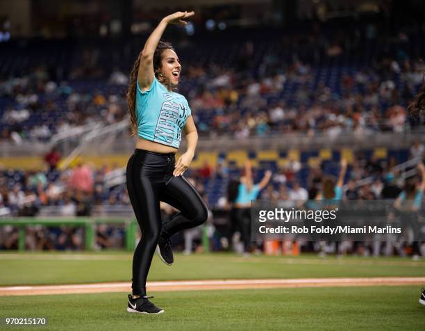The Miami Marlins mermaids perform during the game against the San Diego Padres at Marlins Park on June 8, 2018 in Miami, Florida.