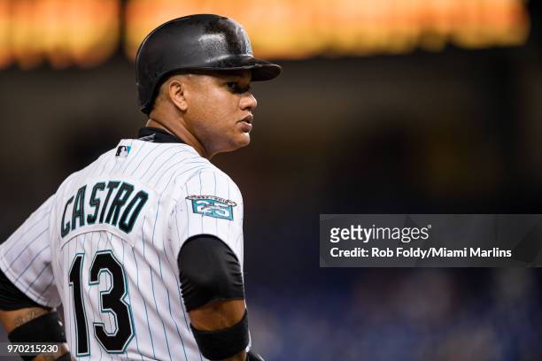 Starlin Castro of the Miami Marlins looks on from third base during the game against the San Diego Padres at Marlins Park on June 8, 2018 in Miami,...