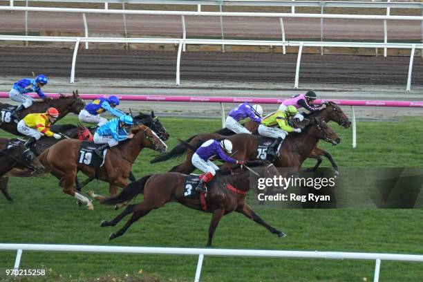 Double Jeopardy ridden by Andrew Mallyon wins the Ron Taylor Handicap at Flemington Racecourse on June 09, 2018 in Flemington, Australia.