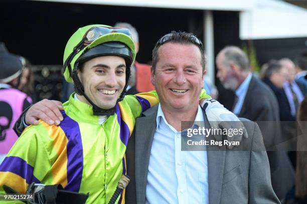 Andrew Mallyon with Mathew Ellerton after winning the Ron Taylor Handicap, at Flemington Racecourse on June 09, 2018 in Flemington, Australia.