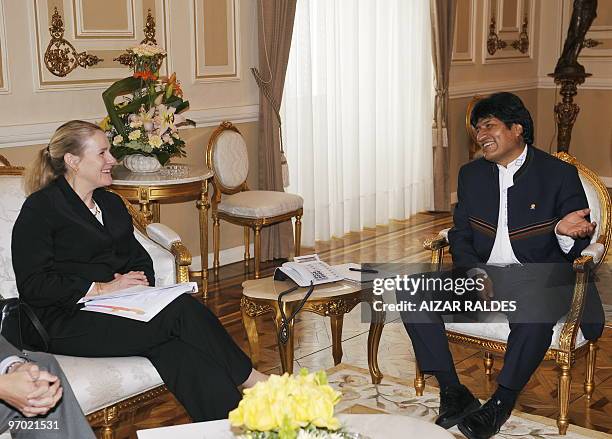 Bolivian President Evo Morales holds a meeting with the vice-president of the World Bank for Latin America and the Caribbean, Pamela Cox, at the...