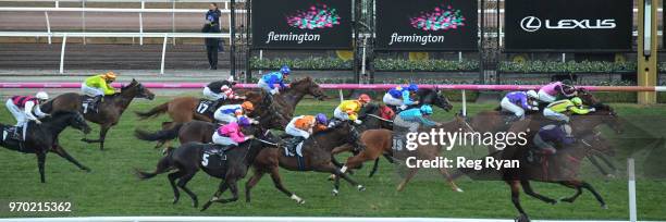 Double Jeopardy ridden by Andrew Mallyon wins the Ron Taylor Handicap at Flemington Racecourse on June 09, 2018 in Flemington, Australia.