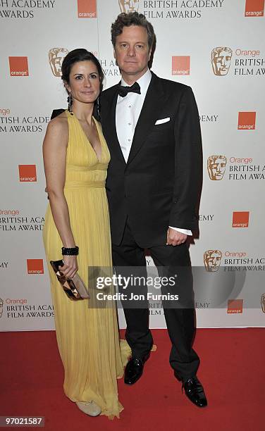 Actor Colin Firth and Livia Giuggioli attend the Orange British Academy Film Awards 2010 at the Royal Opera House on February 21, 2010 in London,...