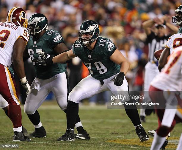 Todd Herremans of the Philadelphia Eagles blocks against the Washington Redskins at Fedex Field on October 26, 2009 in Landover, Maryland.