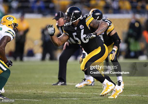 LaMarr Woodley of the Pittsburgh Steelers rushes the passer against the Green Bay Packers at Heinz Field on December 20, 2009 in Pittsburgh,...