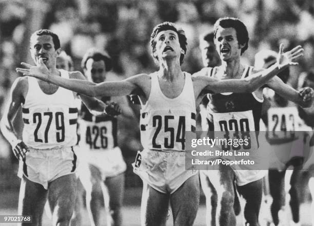 British athlete Sebastian Coe wins the men's 1500 metres in a time of 3:38.40 at the Moscow Olympic Games, 6th August 1980. Jurgen Straub of East...