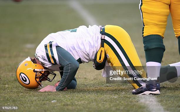 Aaron Rodgers of the Green Bay Packers is injured during the game against the Pittsburgh Steelers at Heinz Field on December 20, 2009 in Pittsburgh,...