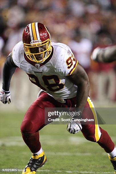 Brian Orakpo of the Washington Redskins rushes the passer against the Philadelphia Eagles at Fedex Field on October 26, 2009 in Landover, Maryland.