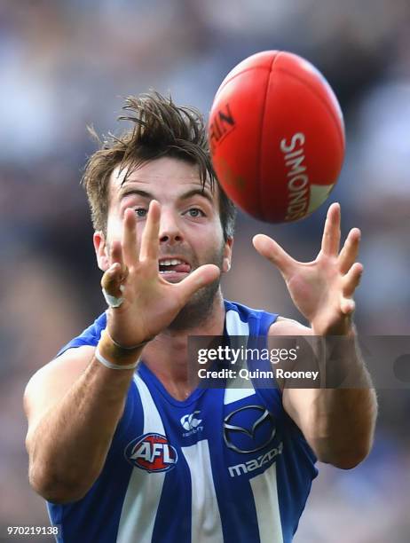 Luke McDonald of the Kangaroos marks during the round 12 AFL match between the Geelong Cats and the North Melbourne Kangaroos at GMHBA Stadium on...
