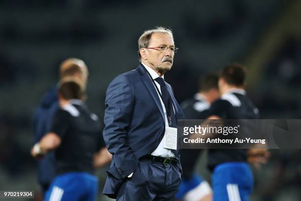 Head Coach Jacques Brunel of France looks on prior to the International Test match between the New Zealand All Blacks and France at Eden Park on June...