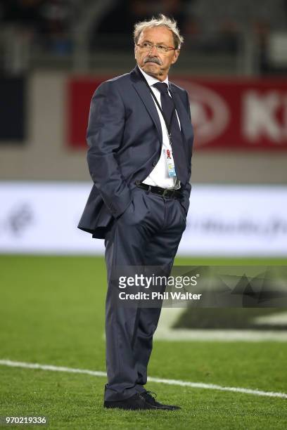 French coach Jacques Brunel looks on before the International Test match between the New Zealand All Blacks and France at Eden Park on June 9, 2018...