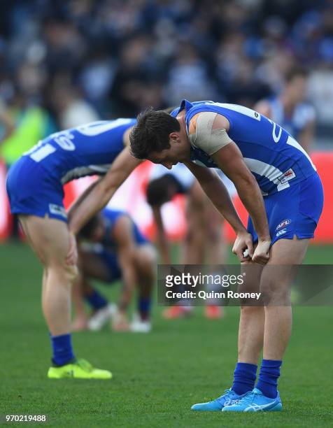 Sam Wright of the Kangaroos and his team mates look dejected after losing the round 12 AFL match between the Geelong Cats and the North Melbourne...