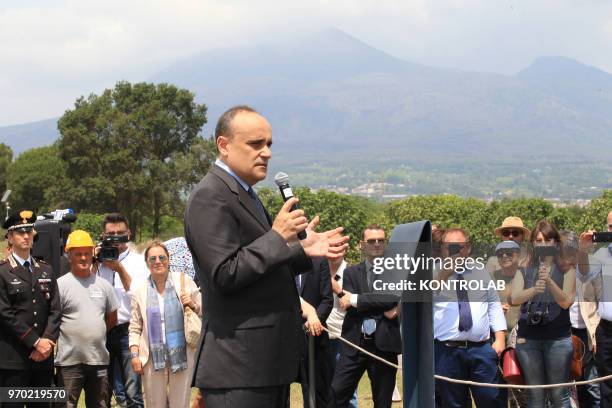 The Italian Minister of Culture Alberto Bonisoli tlaks with journalists in the work site of new excavations in Regio V in the archaeological site of...