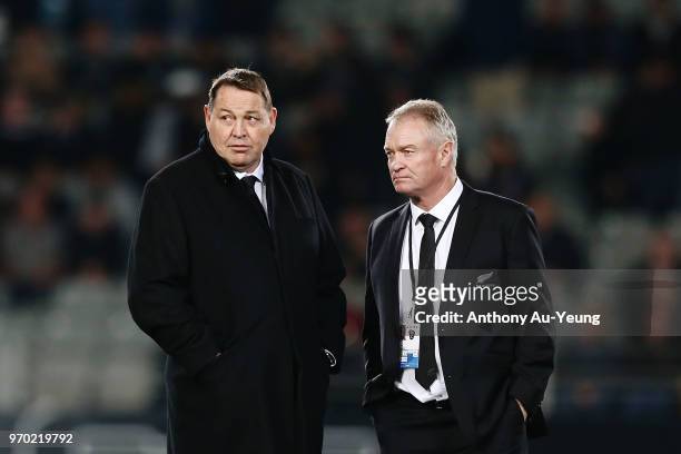 Head Coach Steve Hansen and Selector Grant Fox of the All Blacks look on prior to the International Test match between the New Zealand All Blacks and...