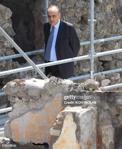 The Italian Minister of Culture Alberto Bonisoli visits The work site of new excavations in Regio V in the archaeological site of Pompeii, the...