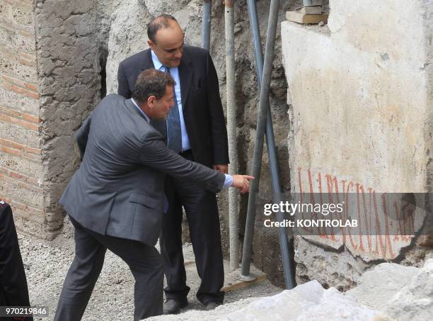 The Italian Minister of Culture Alberto Bonisoli with director Massimo Osanna visits The work site of new excavations in Regio V in the...